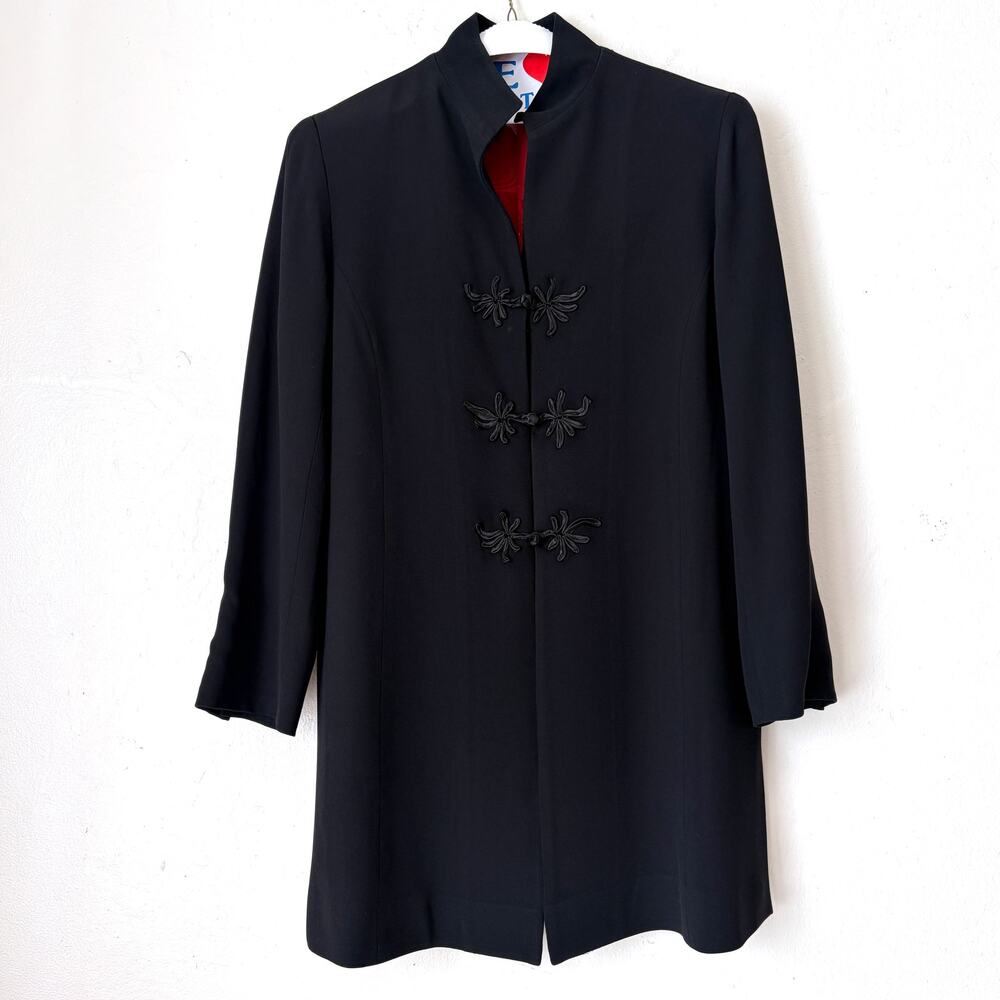 VTG Lafayette 148 NY Black Frog Closure Mandarin Collar Jacket Silk Lining Sz 12